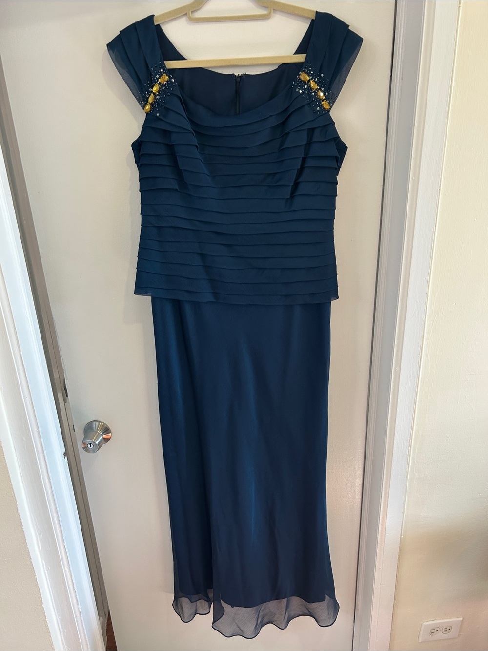 Navy Blue Pleated Layer Evening Dress with Beaded Accents